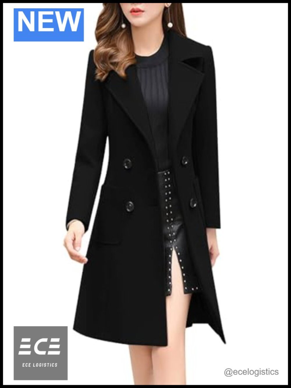 Wool Blend Pea Coat Notch Collar Double Breasted Midi Winter Overcoat
